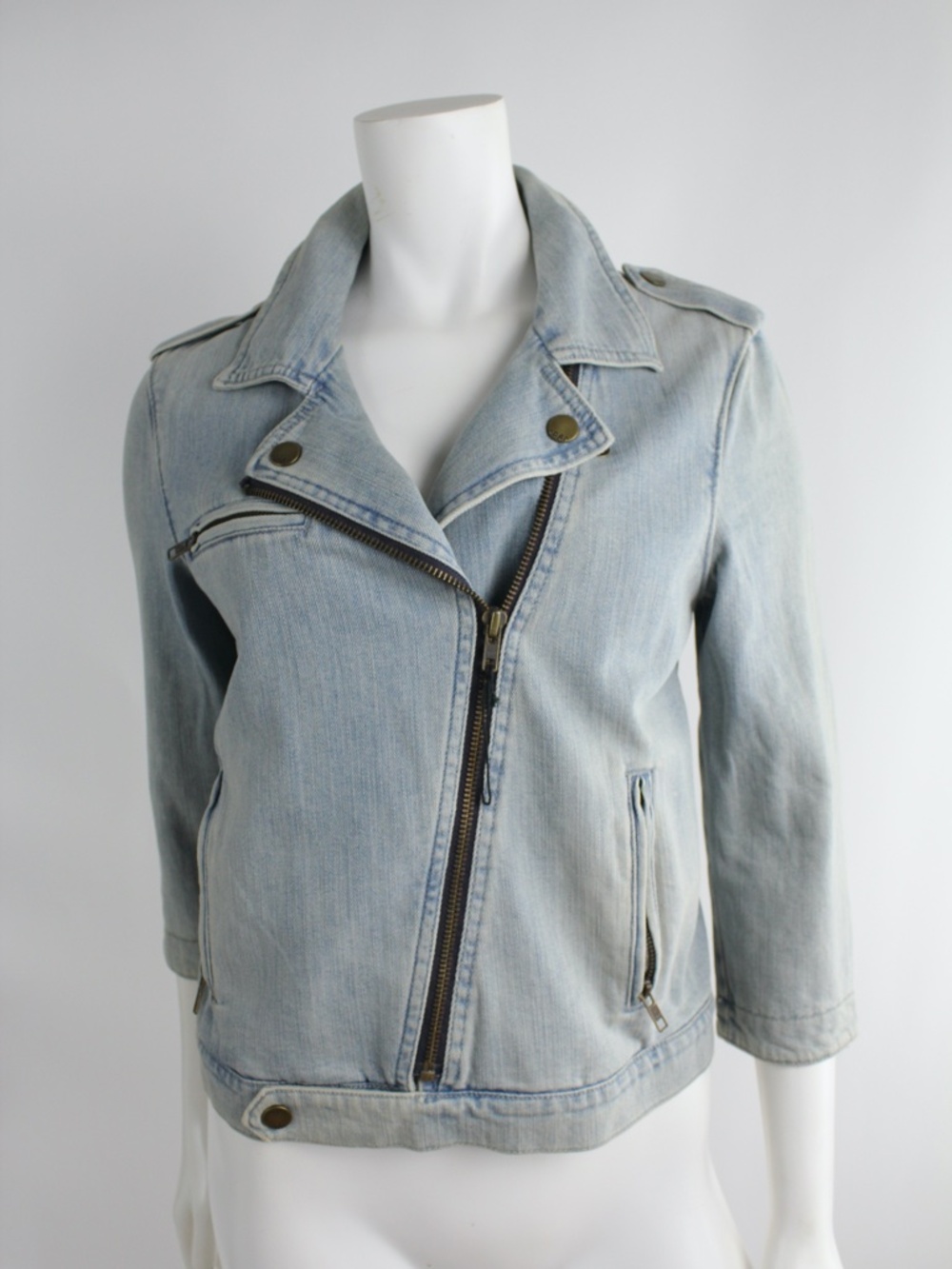 GAP 1969 Vintage Wash Light Denin Jean Jacket Moto Utility Faded Crop 3/4 Sleeve